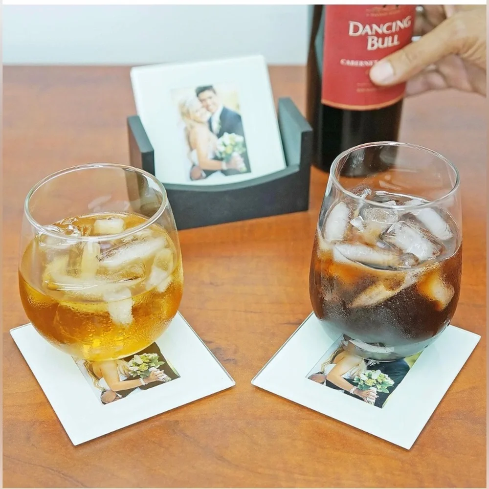 NIB Glass Photo Coasters Set – 2x3 Display – Holder Missing – Box Damaged